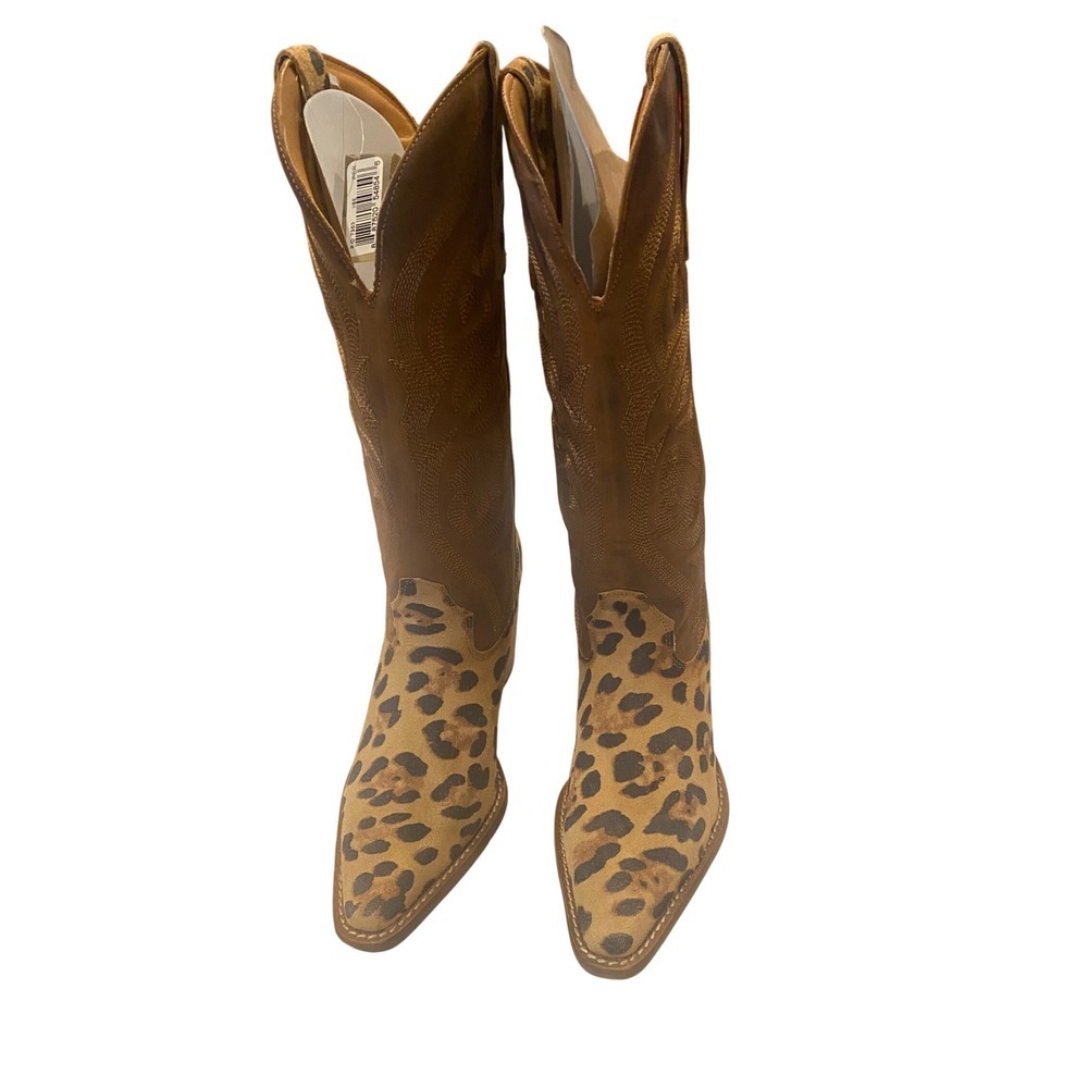 Dingo Leopard Print Western Cowboy Boots Tan Brown Pointed Toe DI7383 - Picture 3 of 9